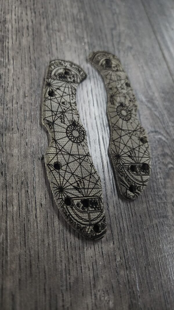 Spyderco Delica Scales! – Green Canvas Micarta Scales w/ Goonies One Eyed Willie Map Laser Engraving   - Custom Replacement Scales