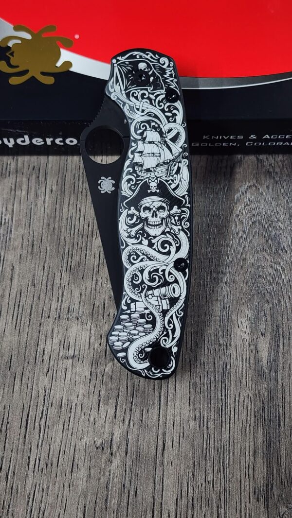 il_fullxfull.7924327838_7twn.jpg Spyderco PM2 Loop Scales - Laser Engraved Pirate Skull Design - Aluminum Void Black Scales - Flytanium Gear - Knife & Hardware Optional
