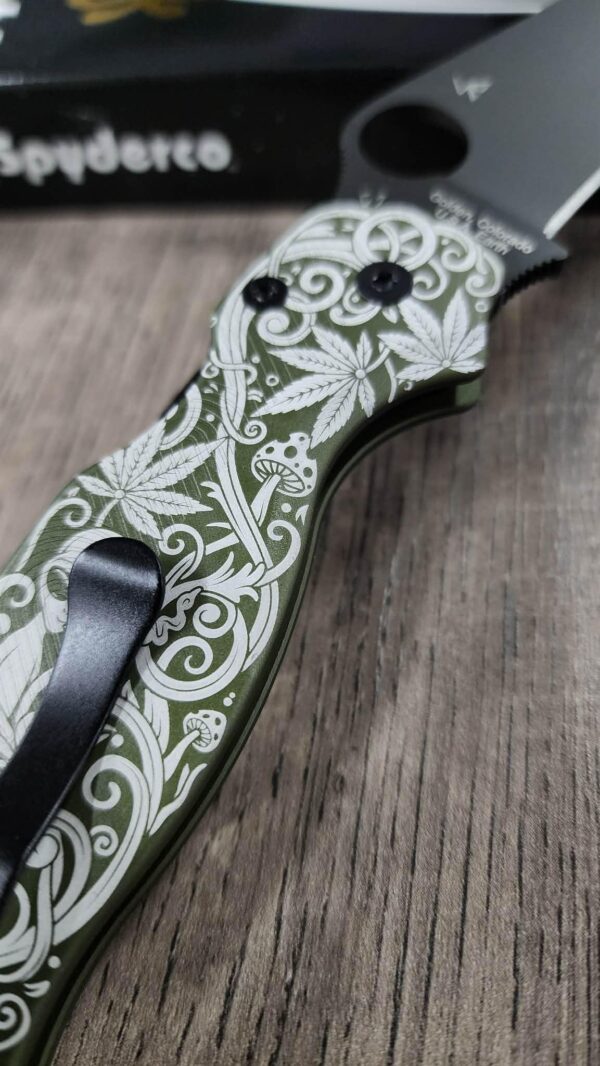 Spyderco PM2 Loop Scales - Laser Engraved Psychedelic Scroll Pattern - Aluminum Olive Drab - Flytanium Gear - Knife & Hardware Optional