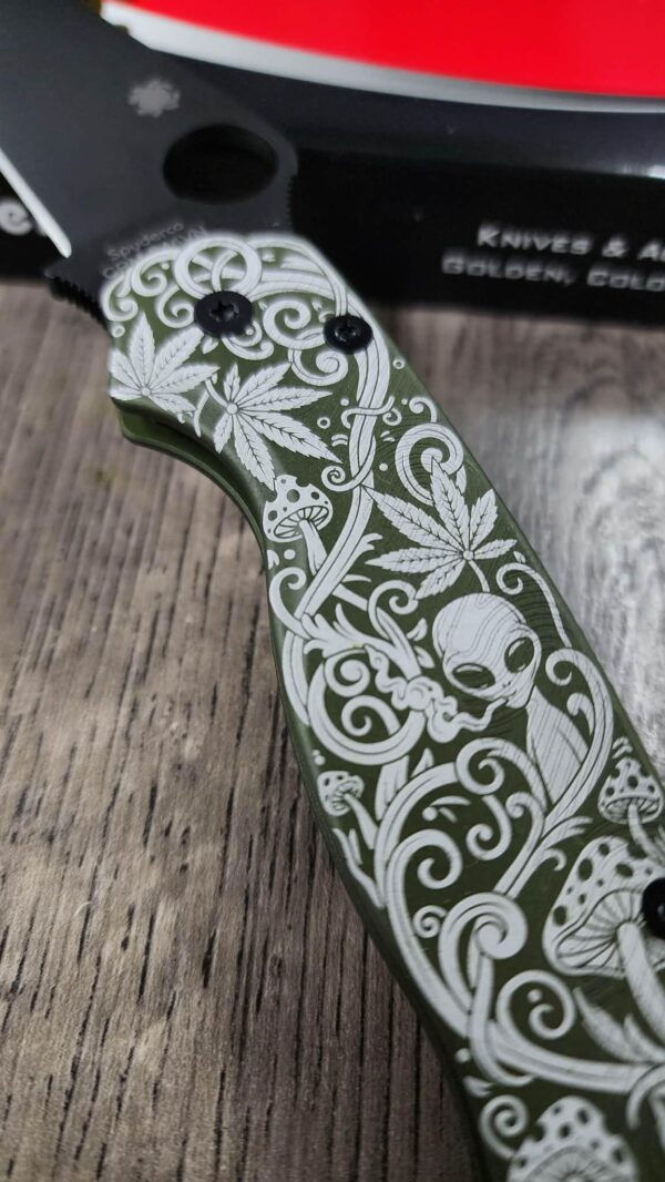 Spyderco PM2 Loop Scales - Laser Engraved Psychedelic Scroll Pattern - Aluminum Olive Drab - Flytanium Gear - Knife & Hardware Optional