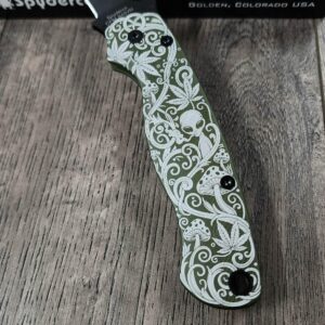 Spyderco PM2 Loop Scales - Laser Engraved Psychedelic Scroll Pattern - Aluminum Olive Drab - Flytanium Gear - Knife & Hardware Optional
