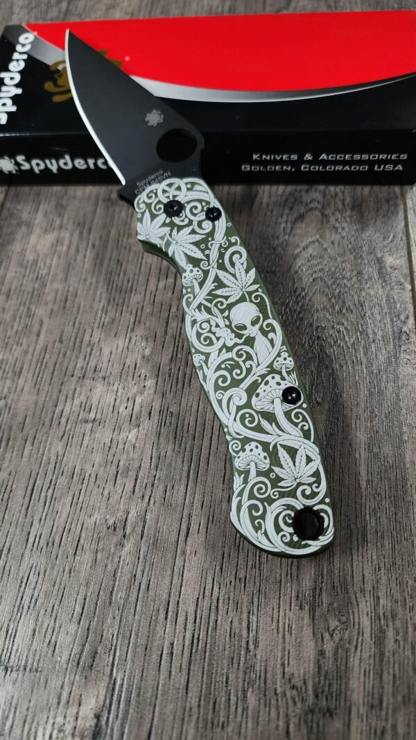 Spyderco PM2 Loop Scales - Laser Engraved Psychedelic Scroll Pattern - Aluminum Olive Drab - Flytanium Gear - Knife & Hardware Optional