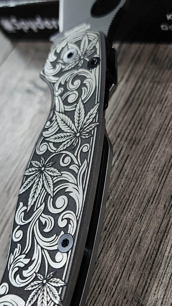 il_fullxfull.7966472364_nsex.jpg Spyderco PM2 TI - Cannabis Leaf Scroll - Relief Engraved Titanium Knife Scales - EDC Gear - Knife & Hardware Optional