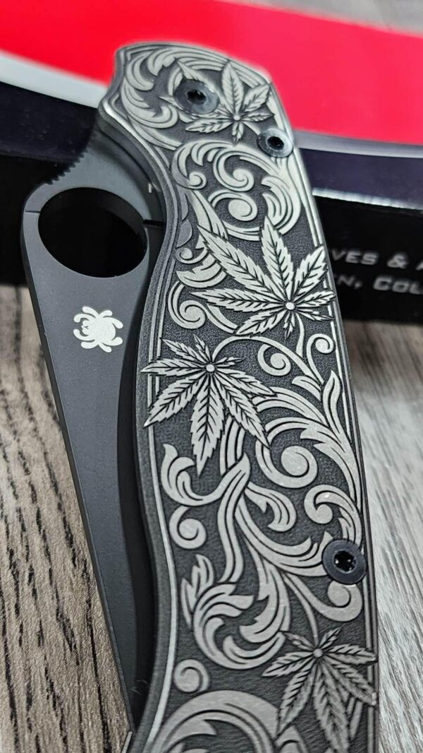 il_fullxfull.7966472372_bnc5.jpg Spyderco PM2 TI - Cannabis Leaf Scroll - Relief Engraved Titanium Knife Scales - EDC Gear - Knife & Hardware Optional