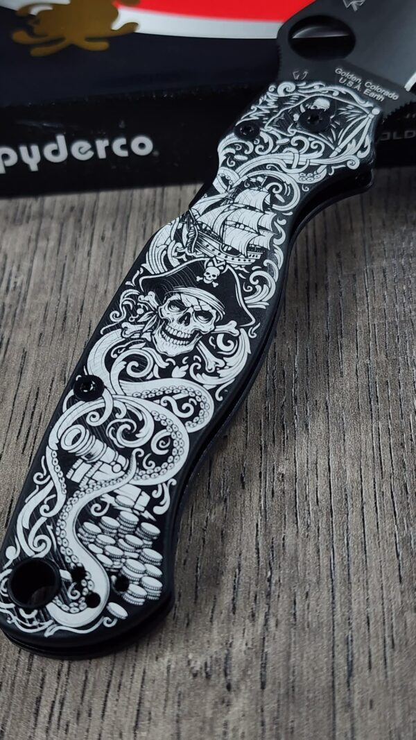 il_fullxfull.7972263227_qxhl.jpg Spyderco PM2 Loop Scales - Laser Engraved Pirate Skull Design - Aluminum Void Black Scales - Flytanium Gear - Knife & Hardware Optional