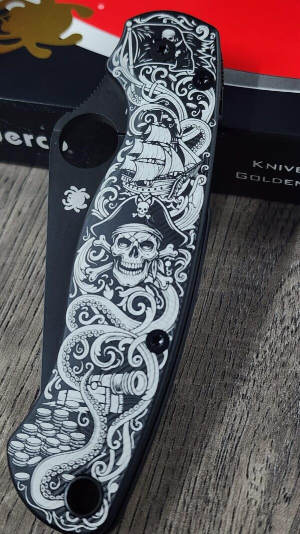 il_fullxfull.7972263237_io3f.jpg Spyderco PM2 Loop Scales - Laser Engraved Pirate Skull Design - Aluminum Void Black Scales - Flytanium Gear - Knife & Hardware Optional