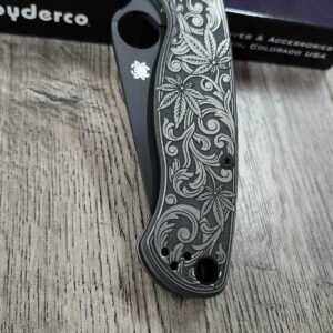 il_fullxfull.7973556348_oley.jpg Spyderco PM2 TI - Cannabis Leaf Scroll - Relief Engraved Titanium Knife Scales - EDC Gear - Knife & Hardware Optional