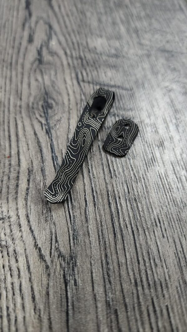 Spartan Harsey Standard Clip - Topographic - Laser Engraved Titanium - Deep Carry Pocket Knife Clip - Black Cerakote Finish - Made In USA