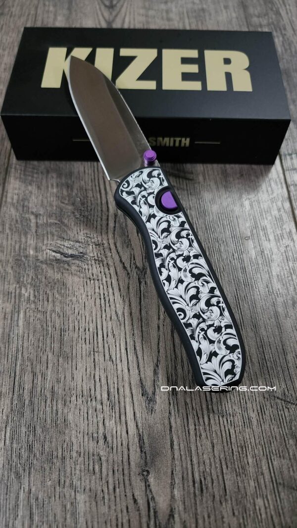 il_fullxfull.7987216450_pq6s.jpg Leaf Scroll - Fiber Laser Engraved Black Aluminum - Drop Bear Zero Button Linerlock - EDC - Complete Knife - Purple Accents