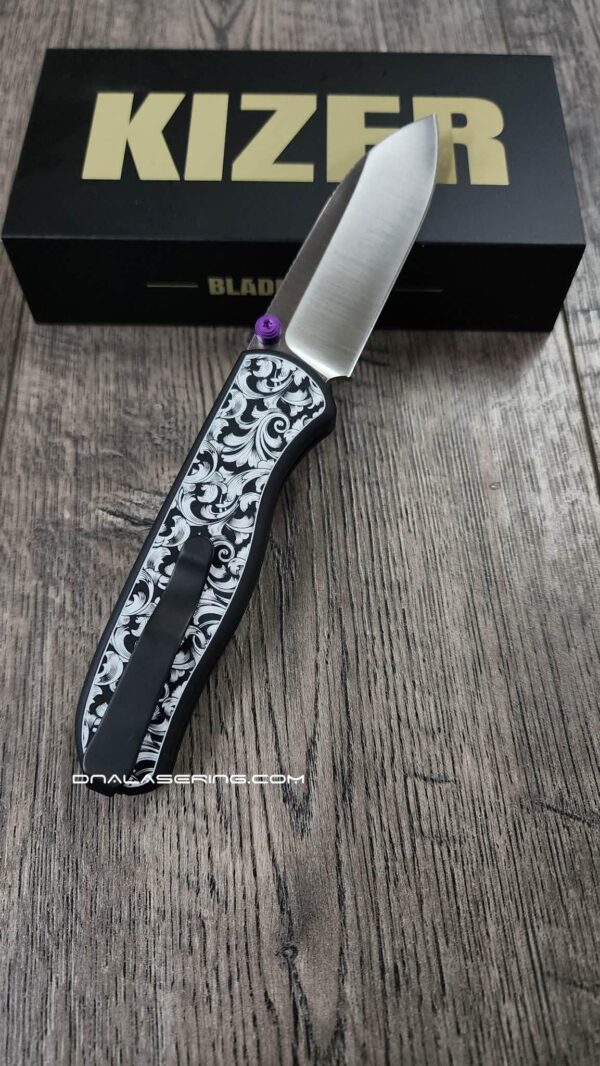 il_fullxfull.7987216452_l4ft.jpg Leaf Scroll - Fiber Laser Engraved Black Aluminum - Drop Bear Zero Button Linerlock - EDC - Complete Knife - Purple Accents