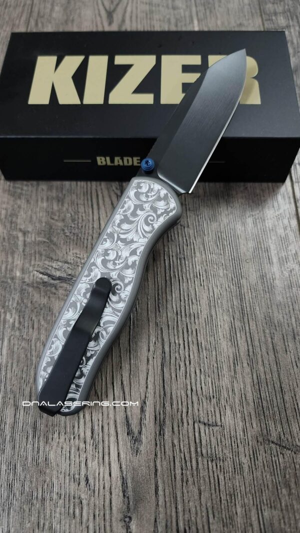 il_fullxfull.7987222338_6f61.jpg Leaf Scroll - Fiber Laser Engraved Dark Gray Aluminum - Drop Bear Zero Button Linerlock - EDC - Complete Knife - Blue Accents