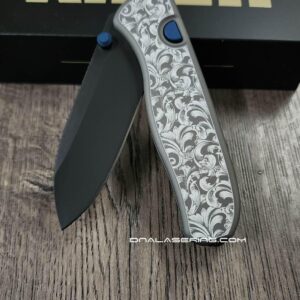 Leaf Scroll - Fiber Laser Engraved Dark Gray Aluminum - Drop Bear Zero Button Linerlock - EDC - Complete Knife - Blue Accents