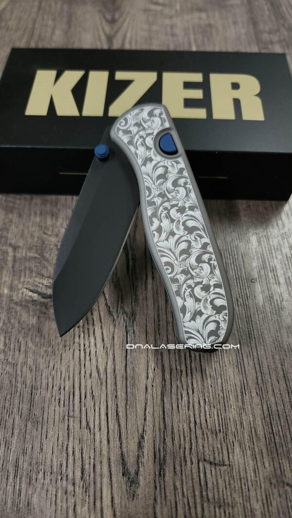 il_fullxfull.7987244846_33zq.jpg Leaf Scroll - Fiber Laser Engraved Dark Gray Aluminum - Drop Bear Zero Button Linerlock - EDC - Complete Knife - Blue Accents