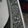 il_fullxfull.8012475088_eud0.jpg Chaves Knives - Relief Engraved RCK9 - Titanium Scales -Knight’s Crest - M390 Steel - COMPLETE KNIFE!! With Extra Clip - New in Box