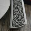 il_fullxfull.8012475572_1mme.jpg Chaves Knives - Relief Engraved RCK9 - Titanium Scales -Knight’s Crest - M390 Steel - COMPLETE KNIFE!! With Extra Clip - New in Box