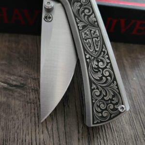 il_fullxfull.8012480710_huyz.jpg Chaves Knives - Relief Engraved RCK9 - Titanium Scales -Knight’s Crest - M390 Steel - COMPLETE KNIFE!! With Extra Clip - New in Box