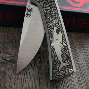 il_fullxfull.8012486944_m6kw.jpg Chaves Knives - Relief Engraved RCK9 - Titanium Scales -Jaws Theme! - M390 Steel - COMPLETE KNIFE!! With Extra Clip - New in Box