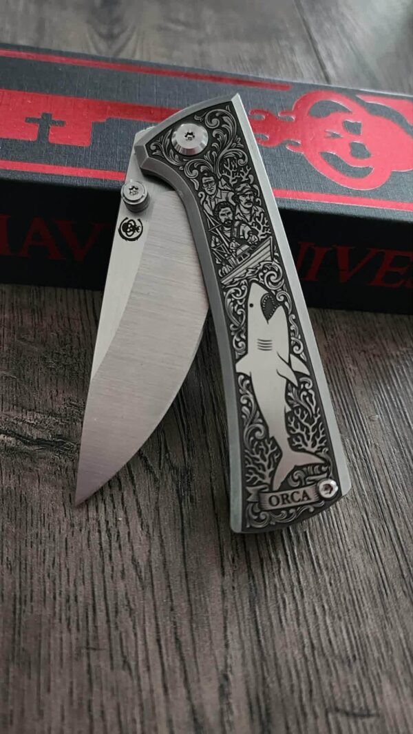 il_fullxfull.8012486944_m6kw.jpg Chaves Knives - Relief Engraved RCK9 - Titanium Scales -Jaws Theme! - M390 Steel - COMPLETE KNIFE!! With Extra Clip - New in Box