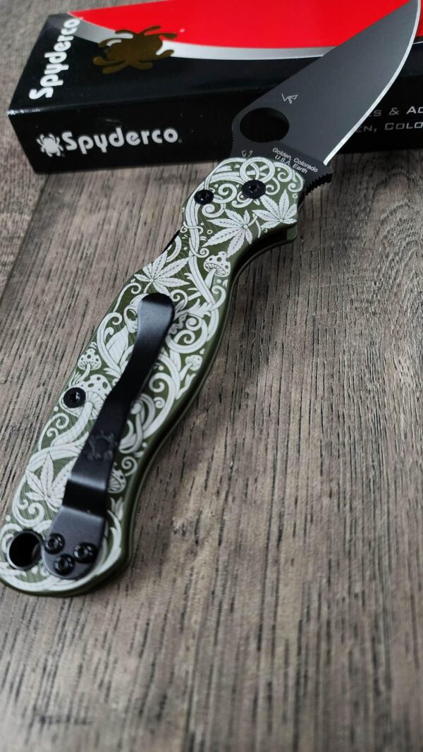 Spyderco PM2 Loop Scales - Laser Engraved Psychedelic Scroll Pattern - Aluminum Olive Drab - Flytanium Gear - Knife & Hardware Optional