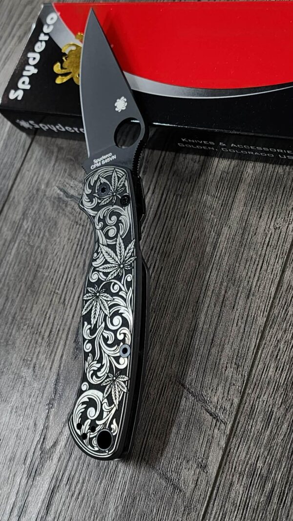 il_fullxfull.8014430455_ldyi.jpg Spyderco PM2 TI - Cannabis Leaf Scroll - Relief Engraved Titanium Knife Scales - EDC Gear - Knife & Hardware Optional