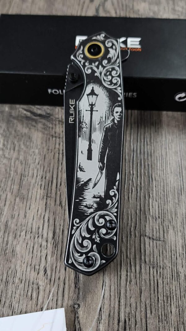 il_fullxfull.8033314740_ddsm.jpg Custom Engraved Ruike P801 Black – Michael Myers Horror Theme | Double Sided Laser Engraved Knife - Complete knife - EDC - EDC knife