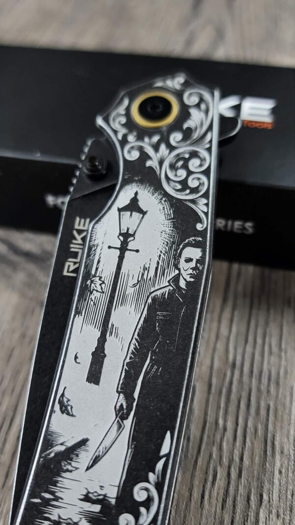 il_fullxfull.8033315050_175d.jpg Custom Engraved Ruike P801 Black – Michael Myers Horror Theme | Double Sided Laser Engraved Knife - Complete knife - EDC - EDC knife