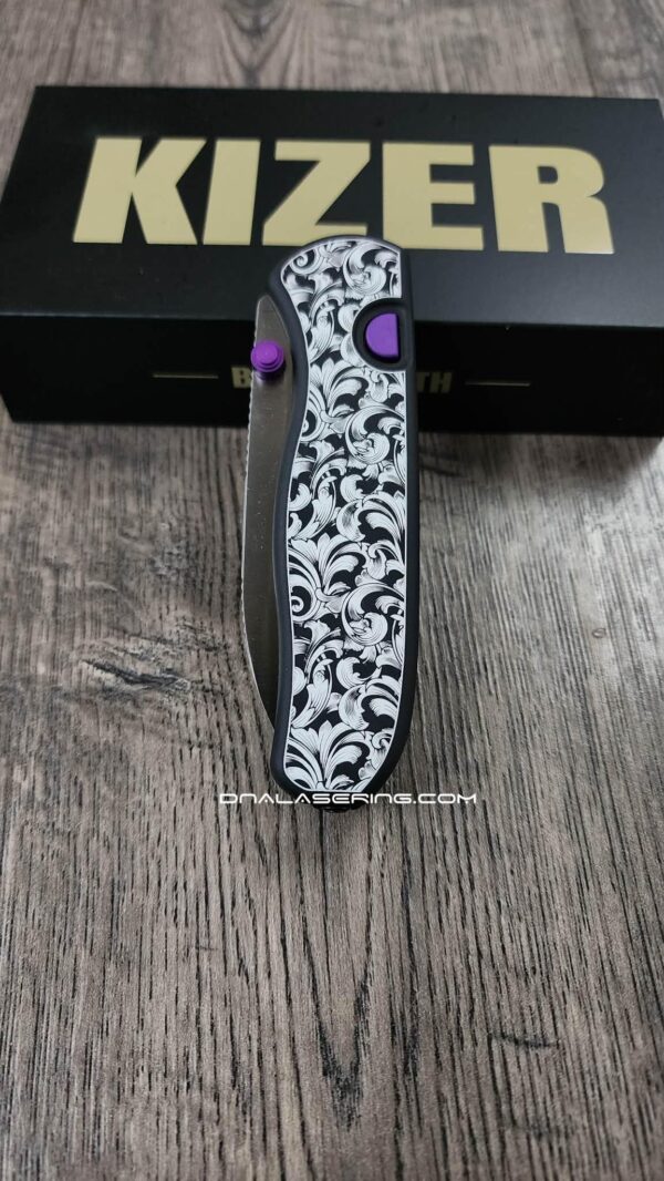 il_fullxfull.8035155793_6eku.jpg Leaf Scroll - Fiber Laser Engraved Black Aluminum - Drop Bear Zero Button Linerlock - EDC - Complete Knife - Purple Accents