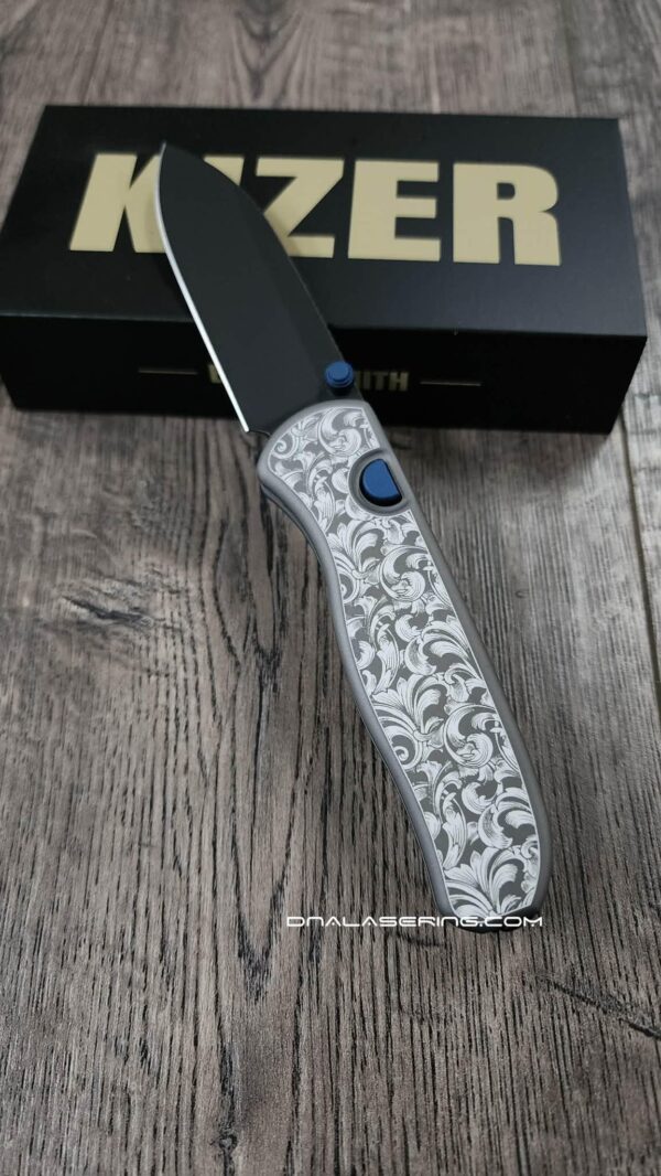 il_fullxfull.8035161843_g7ca.jpg Leaf Scroll - Fiber Laser Engraved Dark Gray Aluminum - Drop Bear Zero Button Linerlock - EDC - Complete Knife - Blue Accents