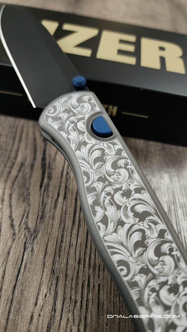 il_fullxfull.8035161855_gjtw.jpg Leaf Scroll - Fiber Laser Engraved Dark Gray Aluminum - Drop Bear Zero Button Linerlock - EDC - Complete Knife - Blue Accents