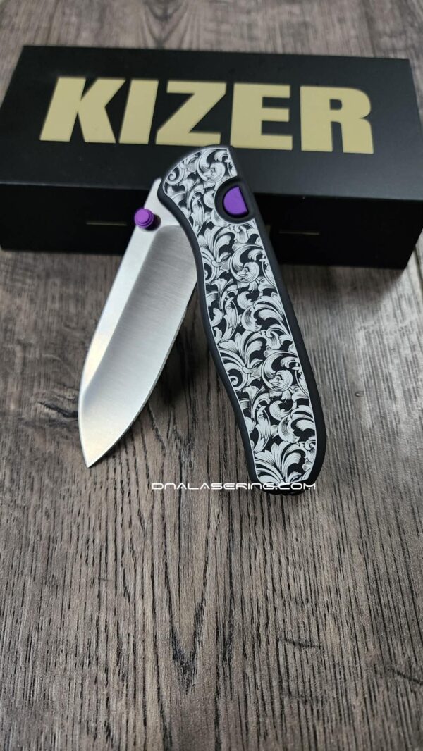 il_fullxfull.8035185211_pn97.jpg Leaf Scroll - Fiber Laser Engraved Black Aluminum - Drop Bear Zero Button Linerlock - EDC - Complete Knife - Purple Accents