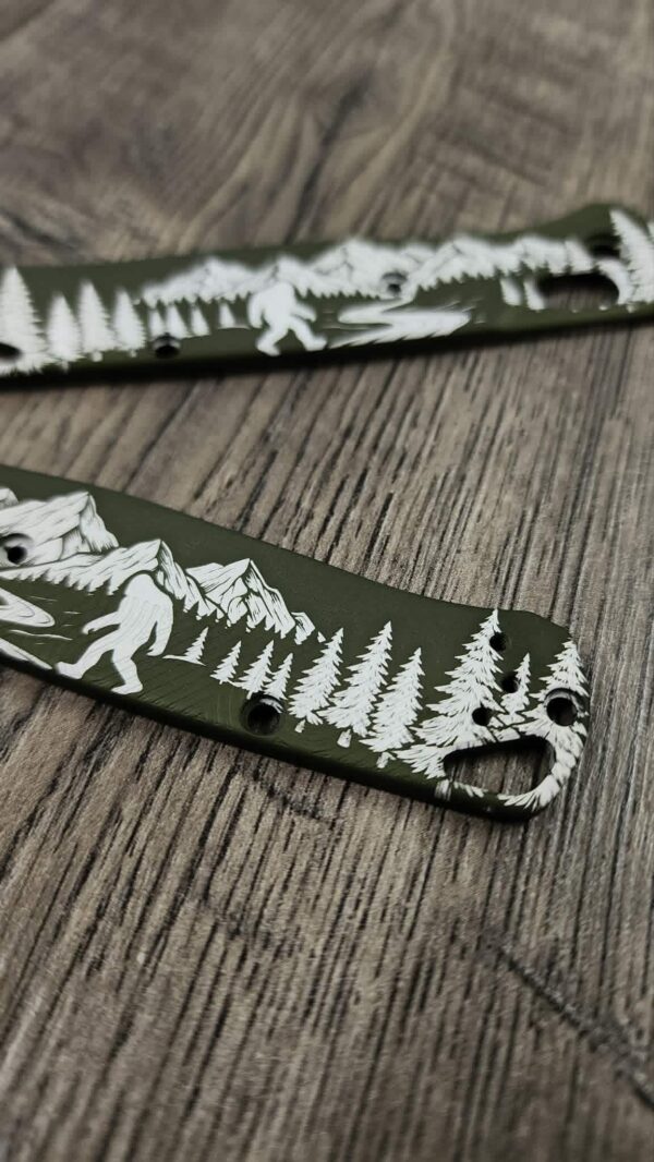 Custom Benchmade Bugout Aluminum Scales – Custom Engraved Bigfoot Scene –OD Green Anodized Bugout Scales – Benchmade Bugout 535 Knife Scales