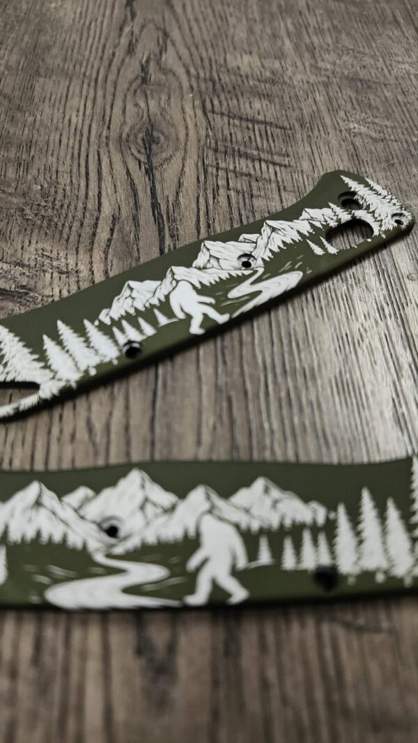 Custom Benchmade Bugout Aluminum Scales – Custom Engraved Bigfoot Scene –OD Green Anodized Bugout Scales – Benchmade Bugout 535 Knife Scales