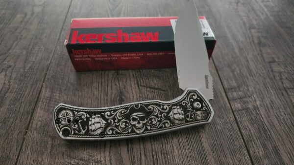 il_fullxfull.8057325654_3196.jpg Custom Engraved Kershaw Scour Pirate Engraved Knife – Custom Skull & Ship Scrollwork Design – Nautical EDC Pocket Knife – Blackwashed Blade