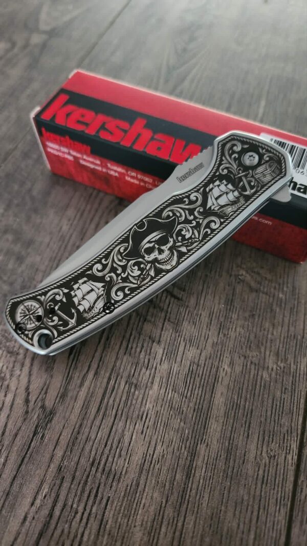 il_fullxfull.8057326414_kj92.jpg Custom Engraved Kershaw Scour Pirate Engraved Knife – Custom Skull & Ship Scrollwork Design – Nautical EDC Pocket Knife – Blackwashed Blade