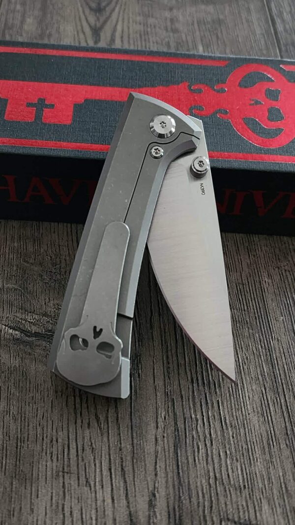 il_fullxfull.8060386013_6hi2.jpg Chaves Knives - Relief Engraved RCK9 - Titanium Scales -Jaws Theme! - M390 Steel - COMPLETE KNIFE!! With Extra Clip - New in Box