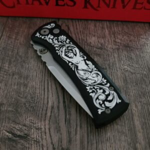 il_fullxfull.8060872410_kk9o.jpg Chaves Knives Pro-Tech Redencion 229 – SW Black – Custom Pin-Up Scroll Engraved Knife – Luxury EDC - Chaves Knives