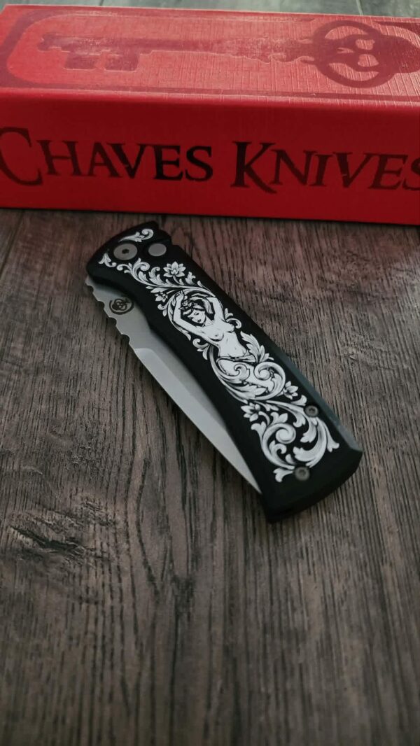 il_fullxfull.8060872410_kk9o.jpg Chaves Knives Pro-Tech Redencion 229 – SW Black – Custom Pin-Up Scroll Engraved Knife – Luxury EDC - Chaves Knives