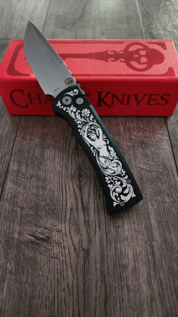 il_fullxfull.8060873216_evm1.jpg Chaves Knives Pro-Tech Redencion 229 – SW Black – Custom Pin-Up Scroll Engraved Knife – Luxury EDC - Chaves Knives