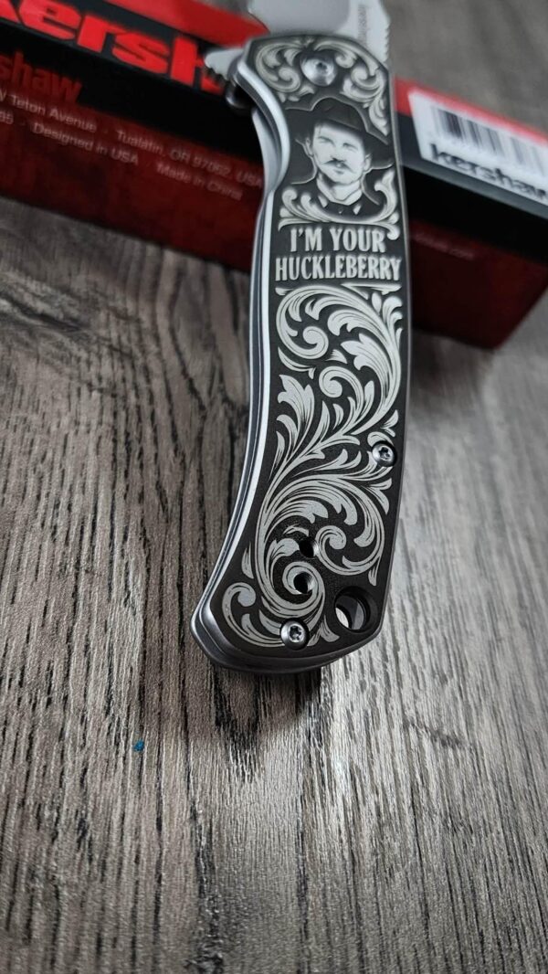 il_fullxfull.8071254993_egb1.jpg Custom Engraved Kershaw Scour Knife – Doc Holiday - I'm Your Huckleberry | Deep Laser Engraved Single Side - Complete Knife!! - EDC
