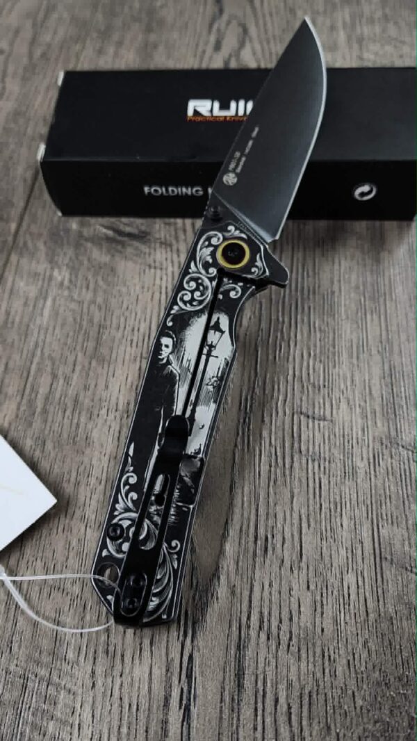 il_fullxfull.8081228965_bhgj.jpg Custom Engraved Ruike P801 Black – Michael Myers Horror Theme | Double Sided Laser Engraved Knife - Complete knife - EDC - EDC knife