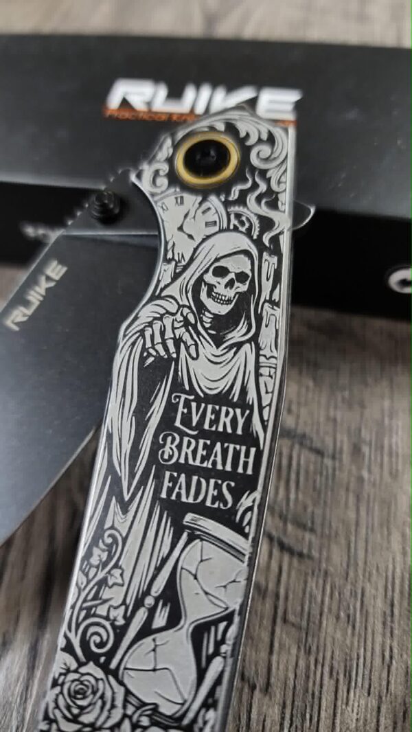 il_fullxfull.8094783361_in39.jpg Custom Engraved Ruike P801 Black Knife – Memento Mori Grim Reaper Design – Deep Laser Engraved EDC Pocket Knife – Gothic Skull Art