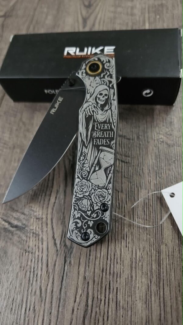 il_fullxfull.8094784007_6jie.jpg Custom Engraved Ruike P801 Black Knife – Memento Mori Grim Reaper Design – Deep Laser Engraved EDC Pocket Knife – Gothic Skull Art