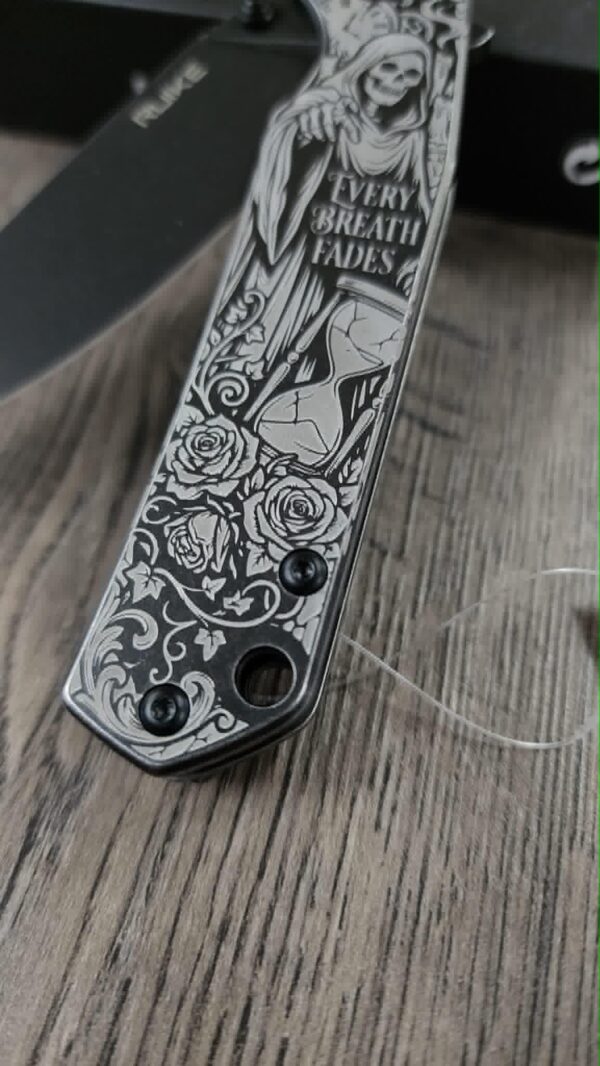 il_fullxfull.8094784425_4f6j.jpg Custom Engraved Ruike P801 Black Knife – Memento Mori Grim Reaper Design – Deep Laser Engraved EDC Pocket Knife – Gothic Skull Art