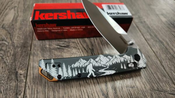Custom Kershaw Iridium Sasquatch Engraved Knife – Double Sided Bigfoot Forest Scene PNW - Kershaw EDC - Complete knife