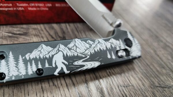 Custom Kershaw Iridium Sasquatch Engraved Knife – Double Sided Bigfoot Forest Scene PNW - Kershaw EDC - Complete knife