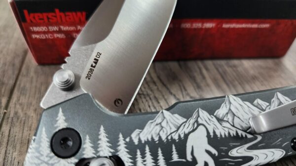 Custom Kershaw Iridium Sasquatch Engraved Knife – Double Sided Bigfoot Forest Scene PNW - Kershaw EDC - Complete knife