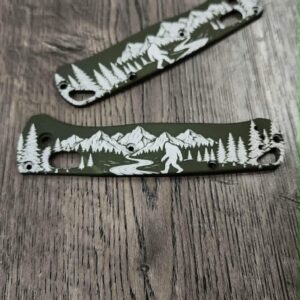 Custom Benchmade Bugout Aluminum Scales – Custom Engraved Bigfoot Scene –OD Green Anodized Bugout Scales – Benchmade Bugout 535 Knife Scales