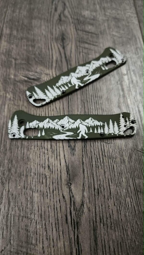 Custom Benchmade Bugout Aluminum Scales – Custom Engraved Bigfoot Scene –OD Green Anodized Bugout Scales – Benchmade Bugout 535 Knife Scales