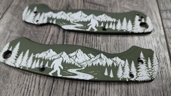 Custom Spyderco PM2 Bigfoot Scales – Custom Engraved Sasquatch Mountain Scene – OD Green Aluminum Loop PM2 Scales – Pacific Northwest EDC