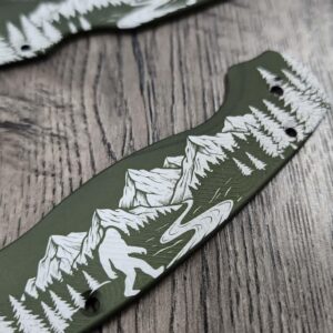 il_fullxfull.8102314859_d4ae.jpg Custom Spyderco PM2 Bigfoot Scales – Custom Engraved Sasquatch Mountain Scene – OD Green Aluminum Loop PM2 Scales – Pacific Northwest EDC